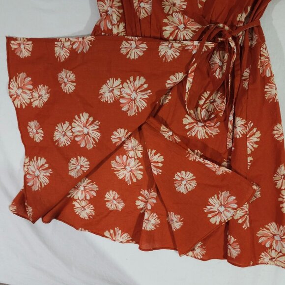Madewell Floral Wrap Dress Rust Red & White Short Sleeve V-Neck Womens Size L - Picture 6 of 8